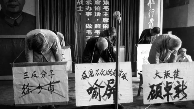 红卫兵对“黑五类”抄家批斗，手法残忍；被批斗的人被戴上高帽、颈挂写上罪证的大字牌罚跪。